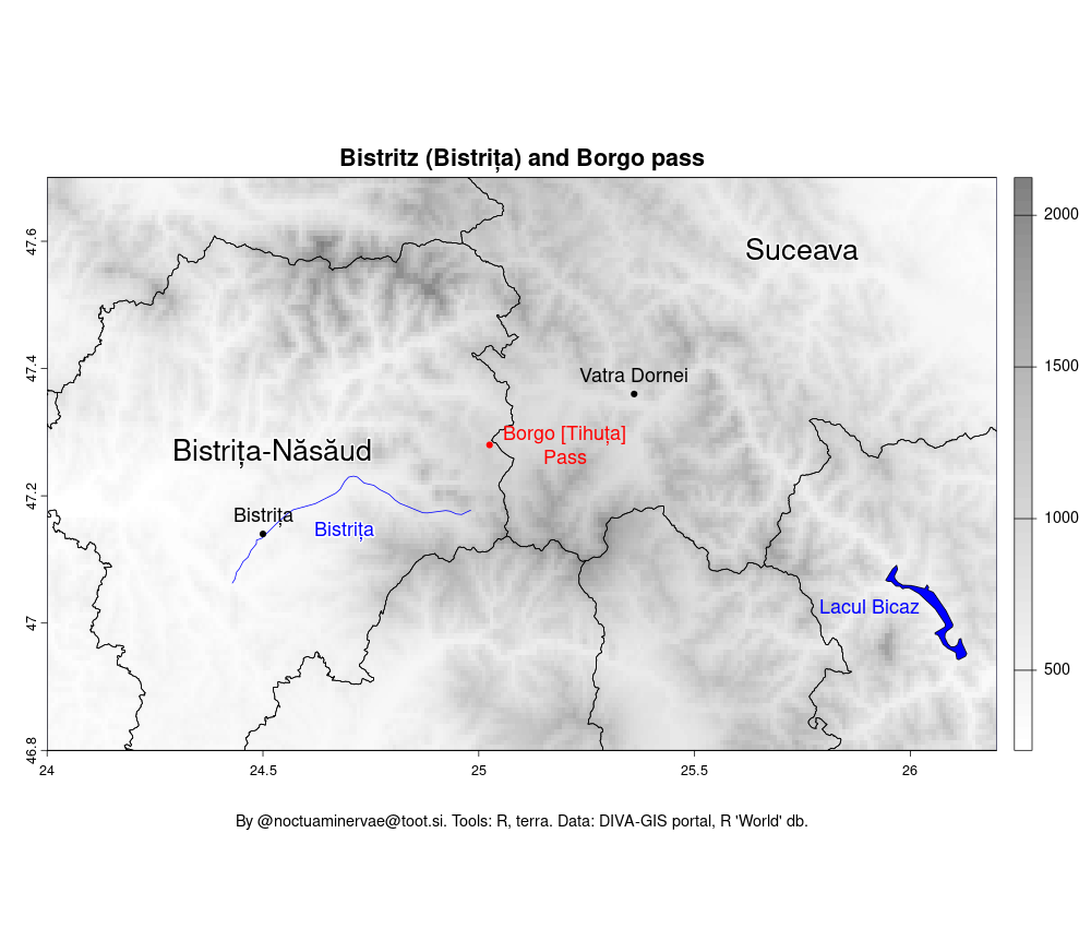 Bistritz and Borgo Pass on an elevation map with modern county lines, details showing Bistrița (town and river), the surrounding Bistrița-Năsăud county, the Borgo (Tihuța) Pass, as well as the town of Vatra Dornei in the Bukovina region, part of Suceava County, as well as the Bicaz Lake.