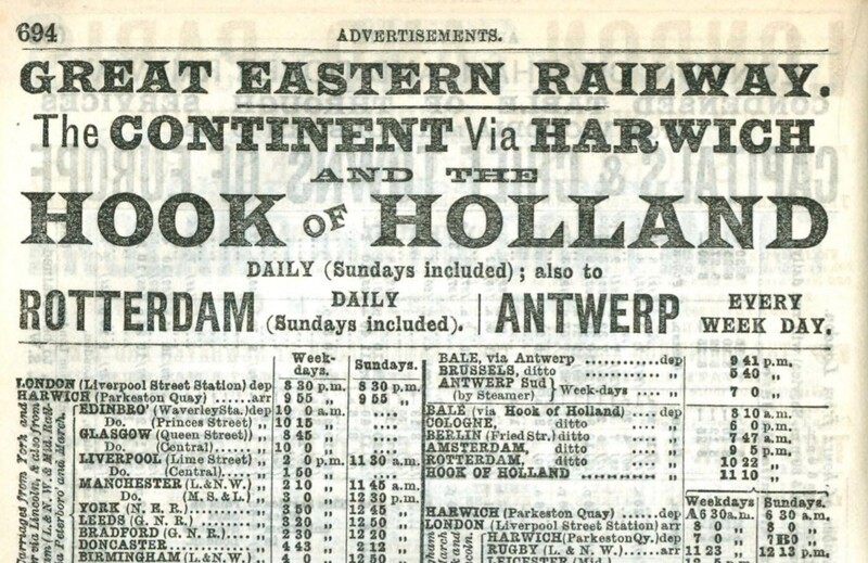 Screenshot of the top section of the page in Bradshaw’s including times from Amsterdam to Liverpool Street station in London (via archive.org)