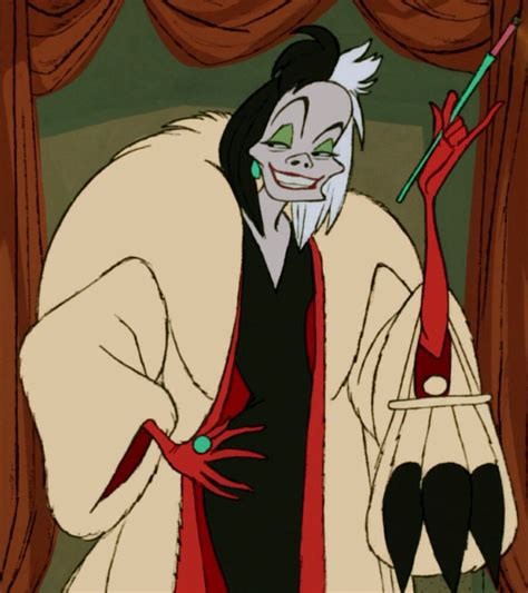 Cruella de Vil from the Disney movie One Hundred and One Dalmatians (1961), grinning confidently