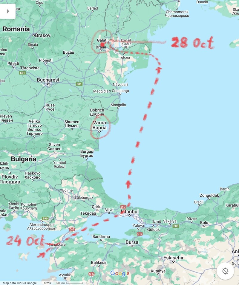 Screenshot from Google  Map showing the Dardanelles (Çanakkale), Varna and Galați, with a rough toute pencilled in together with the dates 24 Oct for the Dardanelles and 28 Oct for Galați.