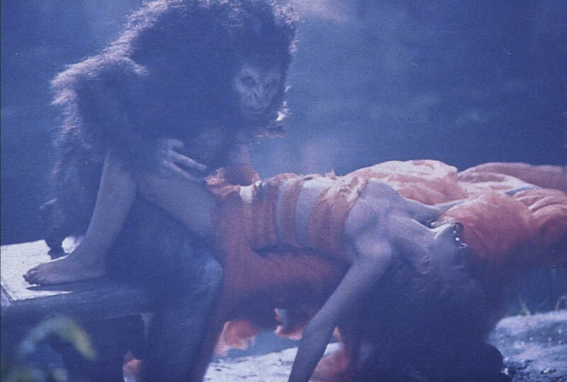 Scene from Coppola’s /Bram Stoker’s Dracula/. Dracula and Lucy apparently having sex, he seated in werewolf shape, she reclining with thighs around his hips, in a skimpy red nightdress.