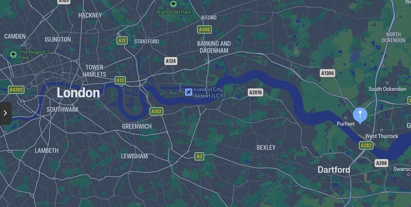 Map showing location of Purfleet on the Thames east of London (via Apple Maps).