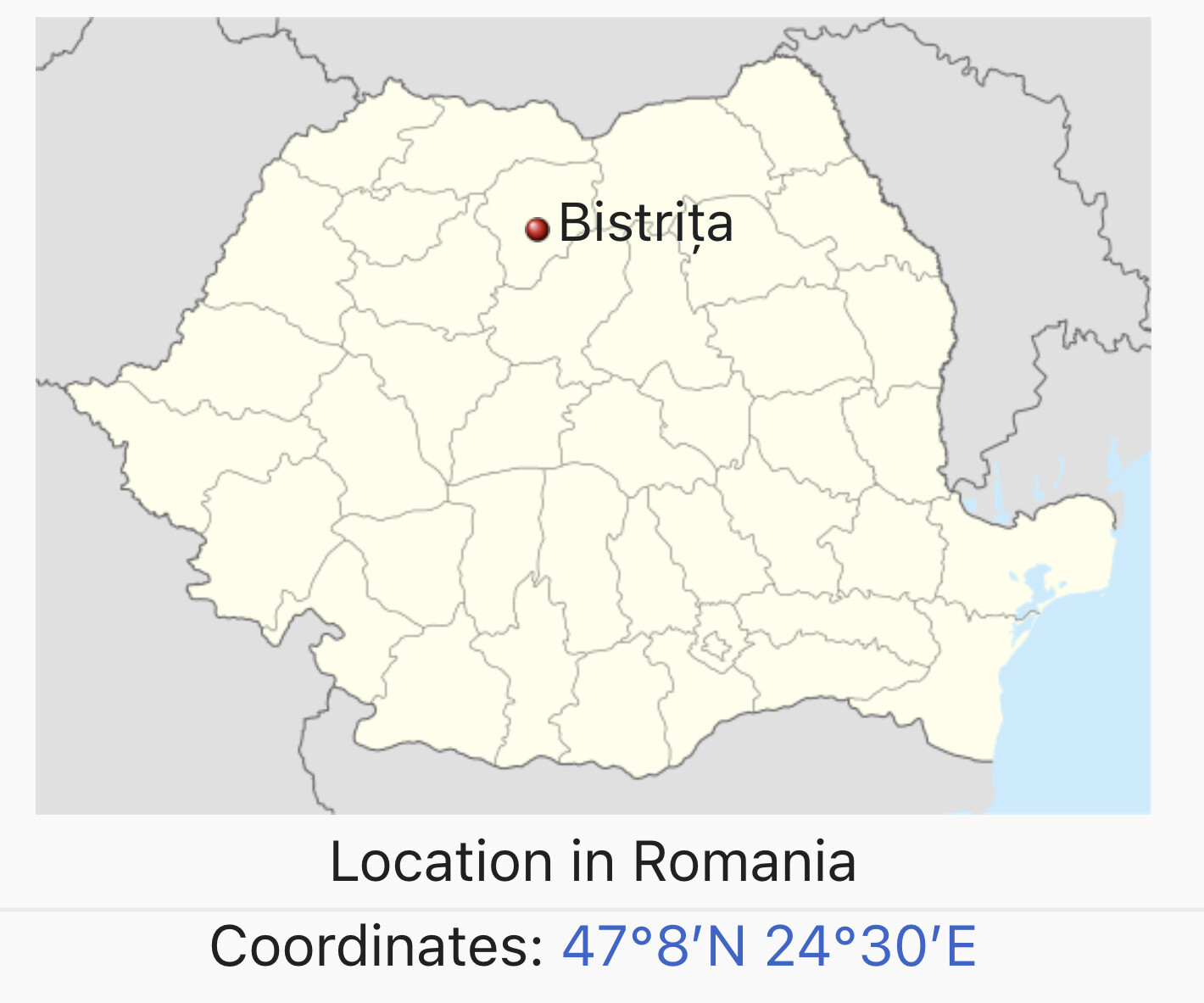 Map of Romania with the location of Bistrița indicated. Coordinates: 47°8'N 24°30'E