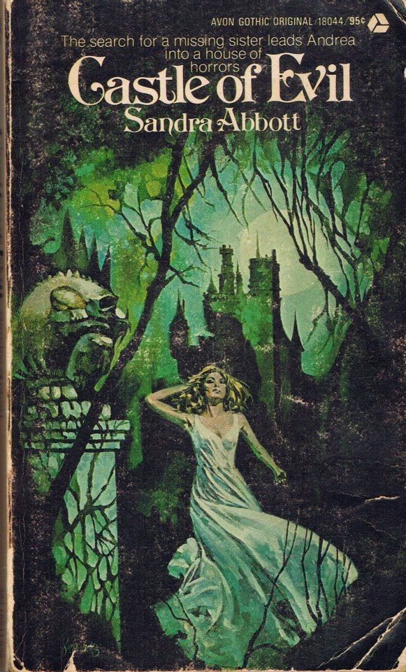 Paperback cover of Castle of Evil by Sandra Abbot, showing woman in white running away from castle in twilight